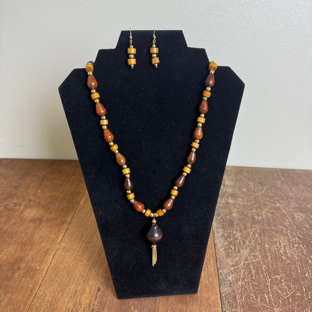 Artisan Handmade Wooden Wood bead 23 inch necklace‎ & earring set